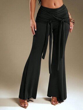 Black Elegant Women's Tie Waist Flared Pants Casual Streetwear Pants
